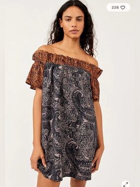 Free People 100% Cotton Black and Rust Paisley Off-Shoulder Dress S